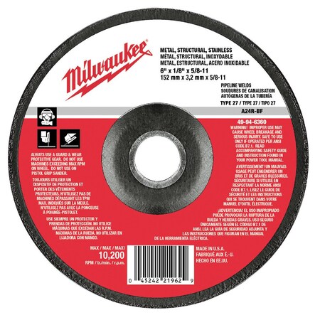 Milwaukee Tool 6" x 1/8" x 5/8-11" Grinding Wheel (Type 27) 49-94-6360